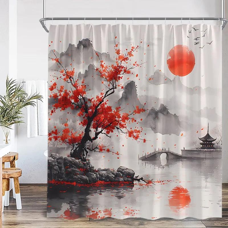 Japanese Landscape Shower Curtains Pink Cherry Blossom Mountain Lake Night Scenery Polyester Fabric Home Bathroom Curtain Decor