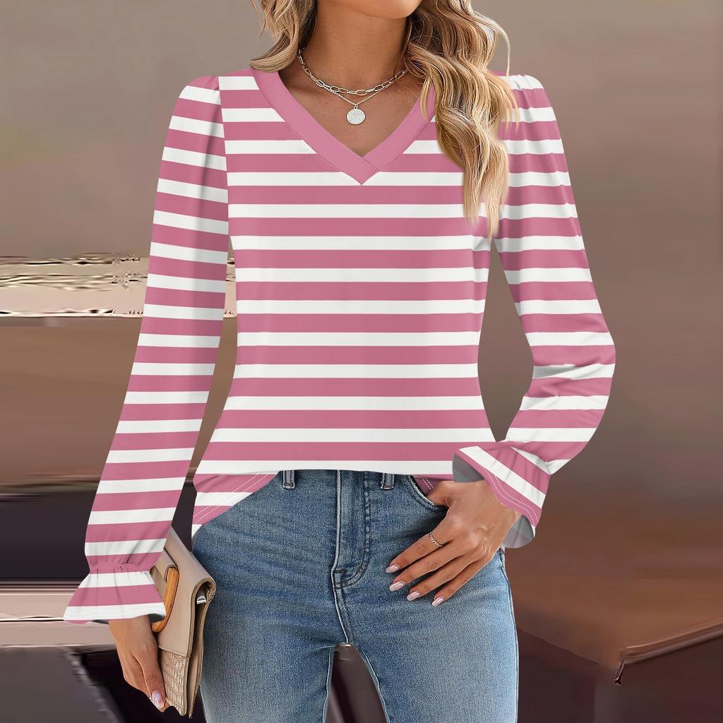 Women's Daily Casual Long-sleeved Striped Printed V-neck Top