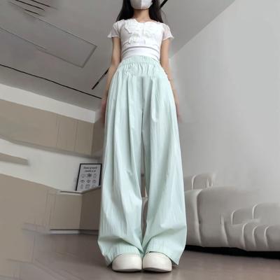 Освежающие летние брюки из ледяного шелка мятно-зеленого цвета на осень/весну, драпирующиеся, с высокой талией, повседневные, широкие штанины, длинные