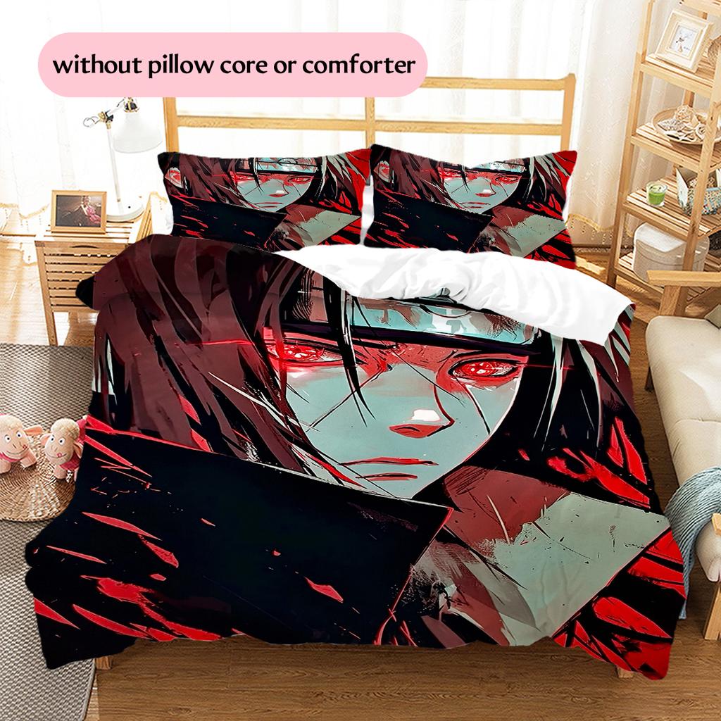 Постельное белье с узором Итачи Учиха из аниме Наруто, домашний декор, подарок на день рождения (1 пододеяльник + 2 наволочки, без наполнителя)
