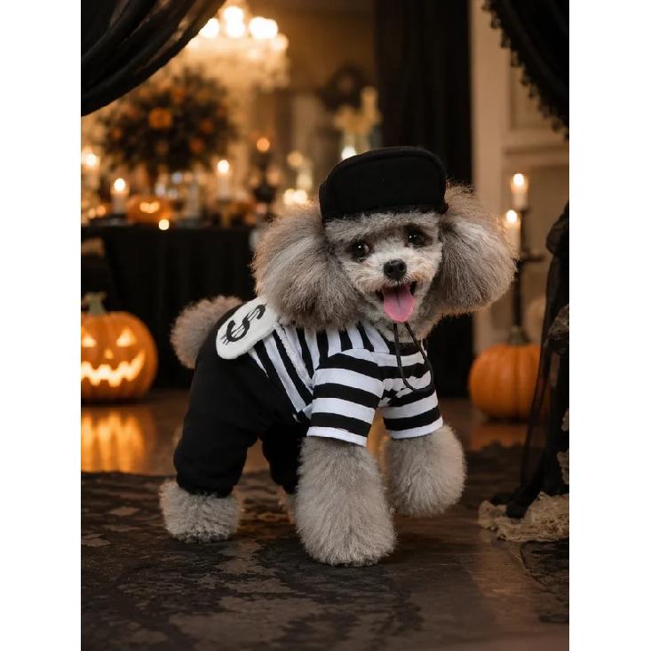 Lightweight Breathable Pet Burglar‑Style Cosplay Costume Set, For Small Medium Breed Dog Cat, Soft Striped Knit Jumpsuit Outfit With Matching Cap
