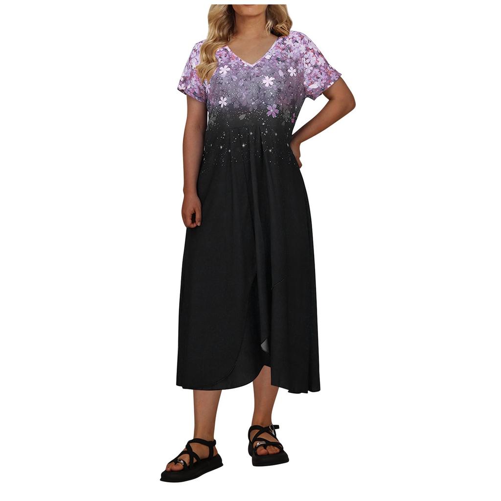 Женское повседневное большое длинное платье с v-образным вырезом и молнией с короткими рукавами и вставками с принтом