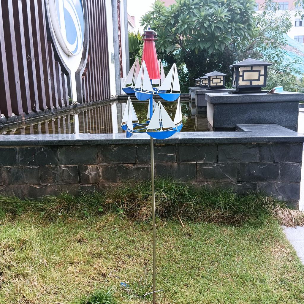 Outdoor Nautical Sailboat Lighthouse Windmill Modeling Garden Windmill Kinetic Art Metal Wind Chime 3D Decoration