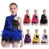 Girls Shiny Sequin Dance Dress Asymmetrical Sleeve Design Contrast Tulle Skirt Leotard Style Performance Outfit