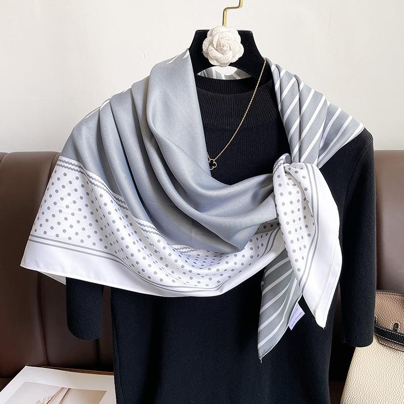 Korean Version of Polka Dot Striped Printed Square Scarf for Women New Style Exterior Shawl Square Silk Scarf