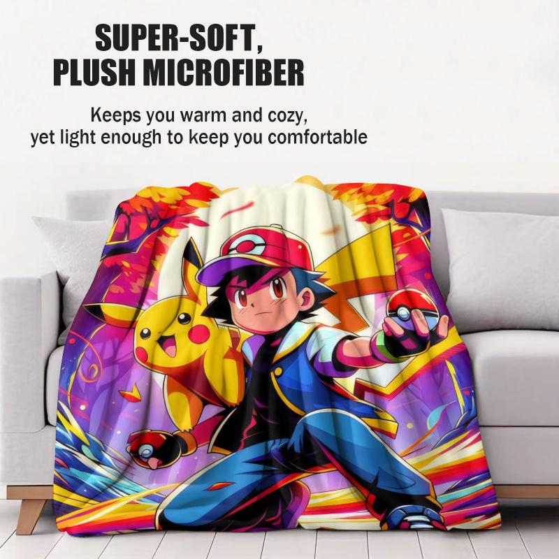 Pokémon Anime Flannel Blanket Vibrant Pikachu Ash Print Soft Warm Throw Sofa Bed Cover Camping Nap Cape Kids Adults Fans Gift