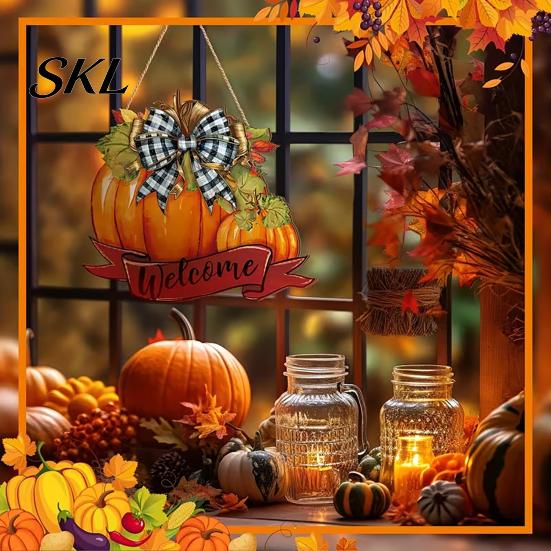 Thanksgiving Pumpkin Decoration Fall Welcome Sign, Door Hanger, Wooden Decor Harvest Sign Hanging Porch for Autumn Farmhouse Wall Solid Wood