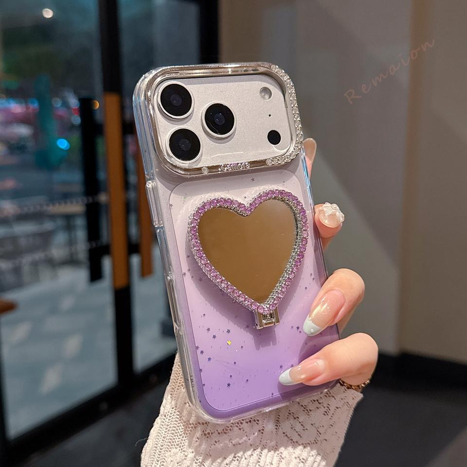 3D Зеркальный Алмазный Чехол для Телефона Для Для Iphone 1 14 12 13 16 17 Pro Max Официальный Градиентный Блестящий Блестки Сердце Защитный Чехол