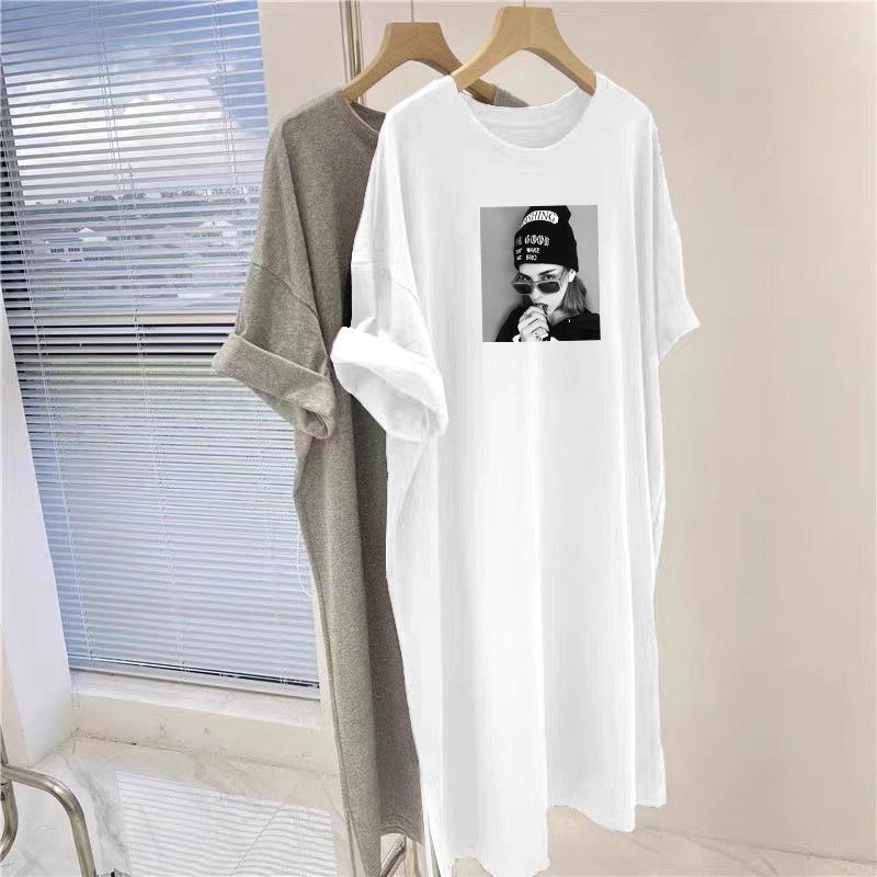 Корейское платье-футболка с коротким рукавом и принтом, летнее, средней длины, до колена, повседневное, большого размера, свободного кроя