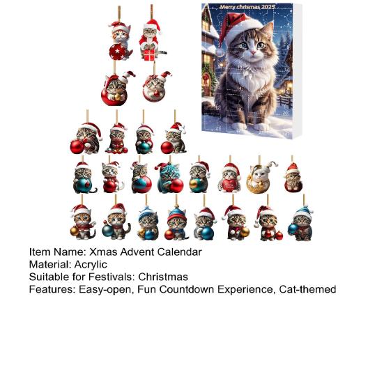 Рождественский кошачий адвент-календарь Акриловый 2D мультяшный кот Подвесные украшения 24 дня 2025 Рождественский календарь обратного отсчета Подарок для любителей кошек Праздничное украшение