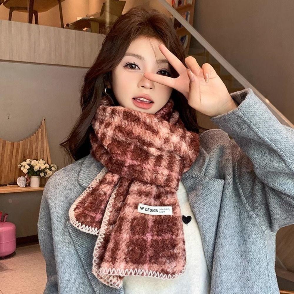 Korean Style Plaid Fleece Scarf Coldproof Winter Cashmere Shawl Elegant Curly Wool Scarf Women