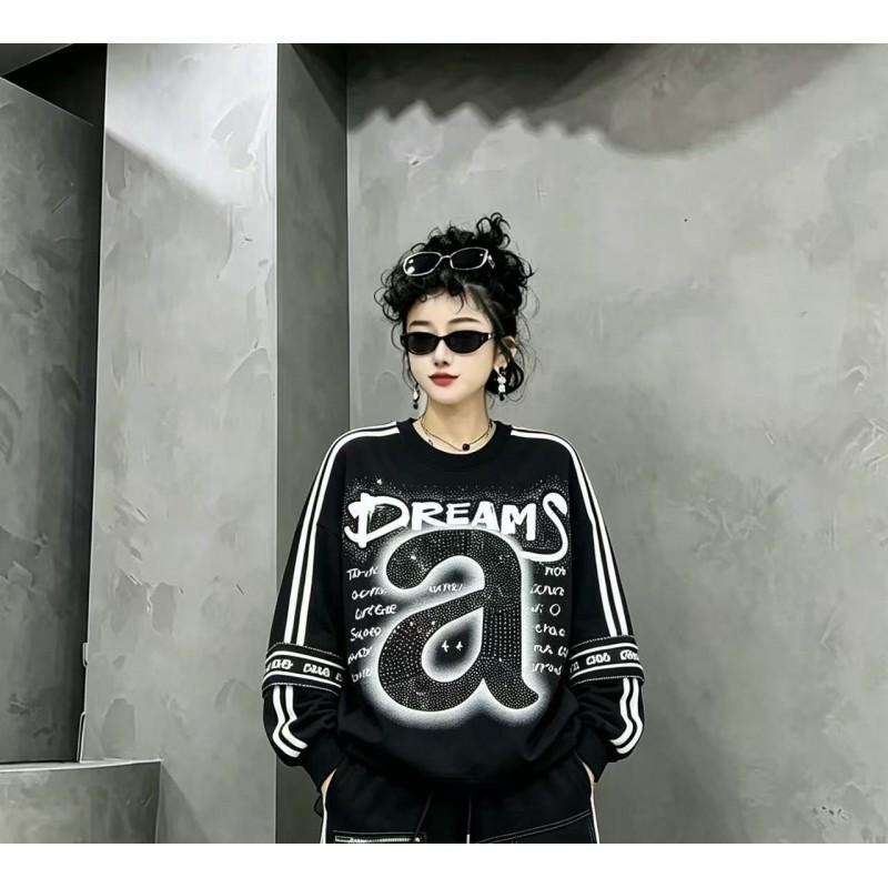 Womens 2026 Streetwear Tracksuit Set Loose Fit A Letter Print Rhinestone Detail Drawstring Jogger Pants Two-Piece