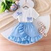 Girls Casual Suit Summer Children Fashion Bow Short Sleeve T-shirt + Skirt Two-piece Set