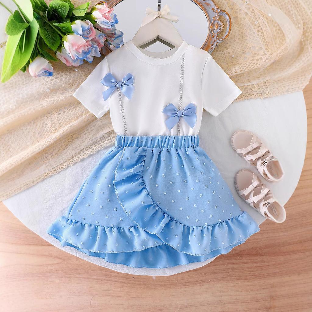 Повседневный костюм для девочек, летний детский модный комплект из двух предметов: футболка с короткими рукавами и юбка