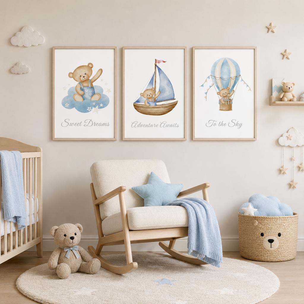 Inspirational Nursery Wall Art, Cute Teddy Bear Canvas Painting, Nordic Animal Poster Print for Baby, Toddler Kids Room Decor