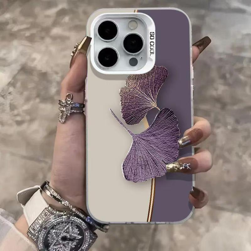 Purple Ginkgo Leaf Design Silver Shell Phone Case for Apple 17/16/15 Pro, 14 Pro Max, and 13.