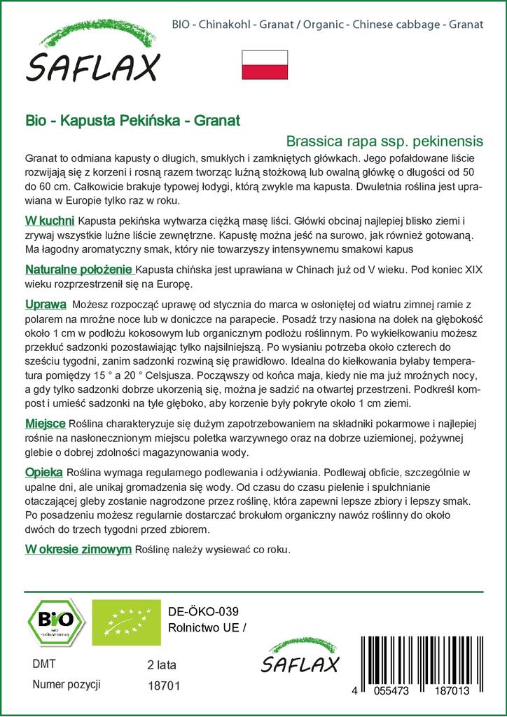 SAFLAX Organic - Пекинская капуста - Гранат - 40 семян - Brassica rapa