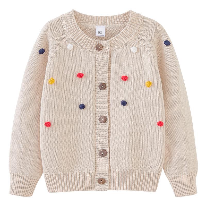 Spring and Autumn Children's Clothing Round Neck Children's Handmade Colorful Ball Knitted Cardigan Girls Cotton Sweater Cardigan Jacket