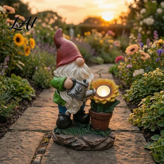 Decorative Lawn Ornaments for Yard Solar Sunflower Gnome Garden Statue with LED Lights Waterproof Resin Figurine Weatherproof Patio Outdoor Decor And