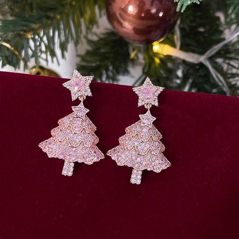 New Design Sweet Pink Christmas Tree Earrings For Women Light Luxury Sparkling Zircon Dangle Earring Xmas Holiday Party Jewelry