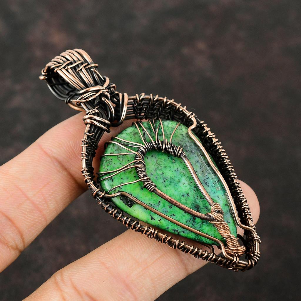 Подвеска из зеленого опала «Древо жизни» с дендритом, подвеска из медной проволоки, ювелирные изделия ручной работы с драгоценными камнями, подвеска из радужного лунного камня, подвеска из медной проволоки