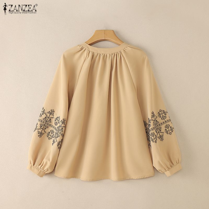 ZANZEA Женская повседневная свободная блузка с длинным рукавом и круглым вырезом