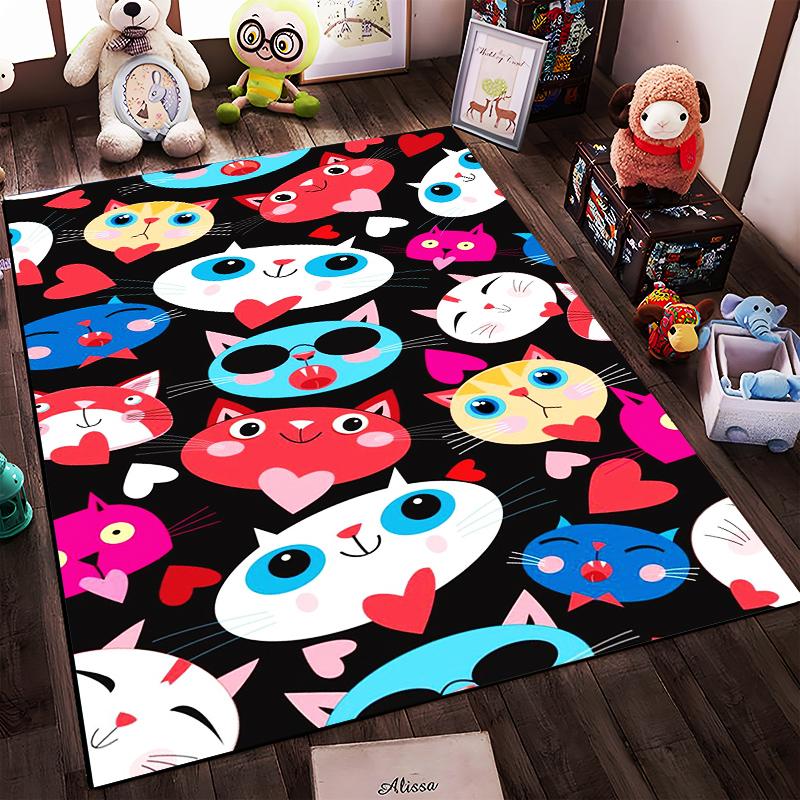 Colorful Cartoon Cats and Hearts Pattern on Black Background for Cute Decorative Carpet Suitable for use as an anti-slip1 for1room and bedroom sofas
