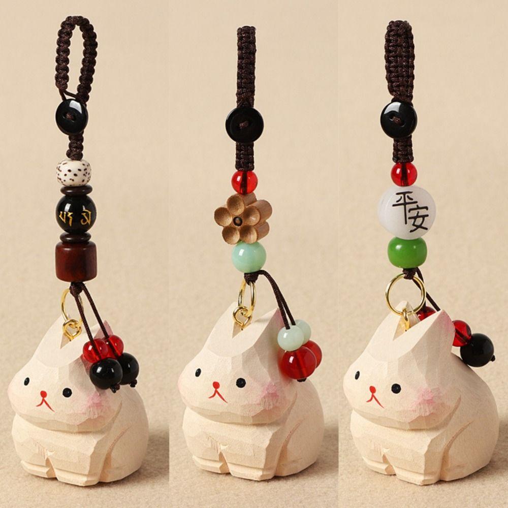 Weave Rope Wooden Carved Rabbit Keychain Beads Car Keyring Cute Wood Rabbit Dolls Pendant  Students