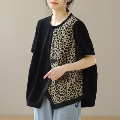 Женская футболка Летняя Большого размера Хлопковая футболка Мягкая Свободная Леопардовая Повседневная Удобная Футболка-пуловер Топ