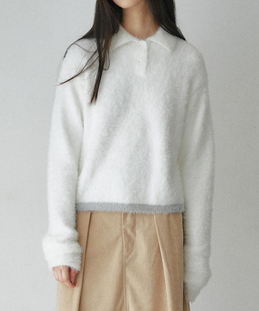 BELLOL Crop Hairy Collar Knit Ivory