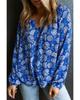Azura Exchange Blue Floral Notched V-Neck Long Sleeve Blouse