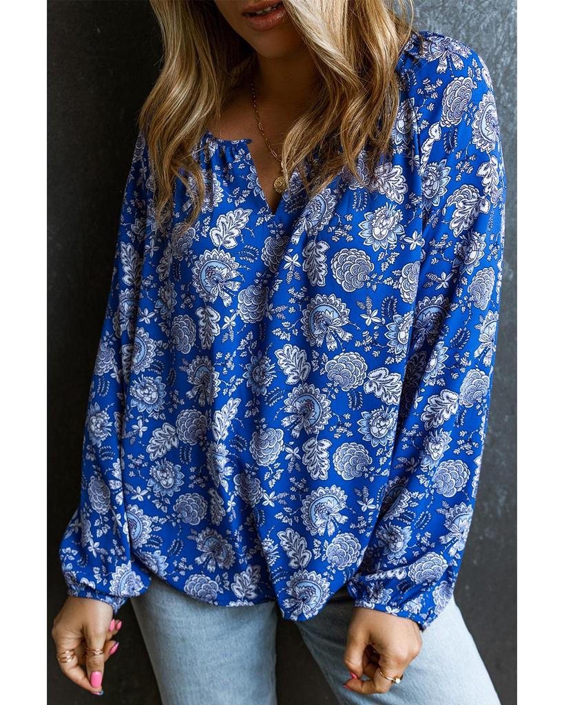 Azura Exchange Blue Floral Notched V-Neck Long Sleeve Blouse