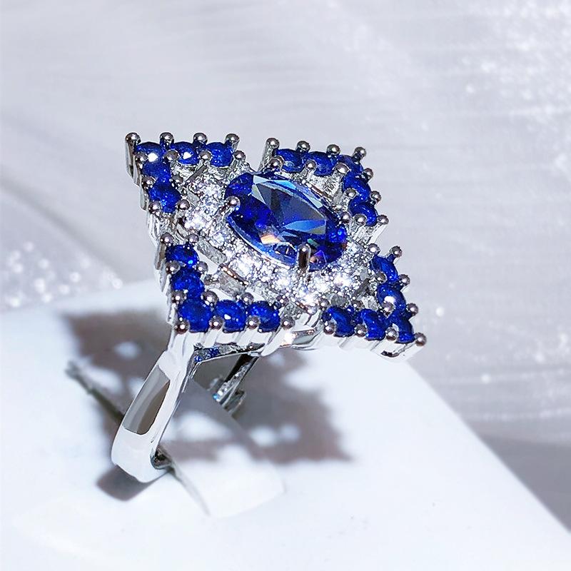 Блестящий Синий Циркон Кольцо Мода Геометрической Формы Высококачественные Ювелирные Изделия Для Вечеринок Роскошное Свадебное Обручальное Кольцо Коктейльная Вечеринка Ювелирные Изделия Открытие Регулируемое Кольцо