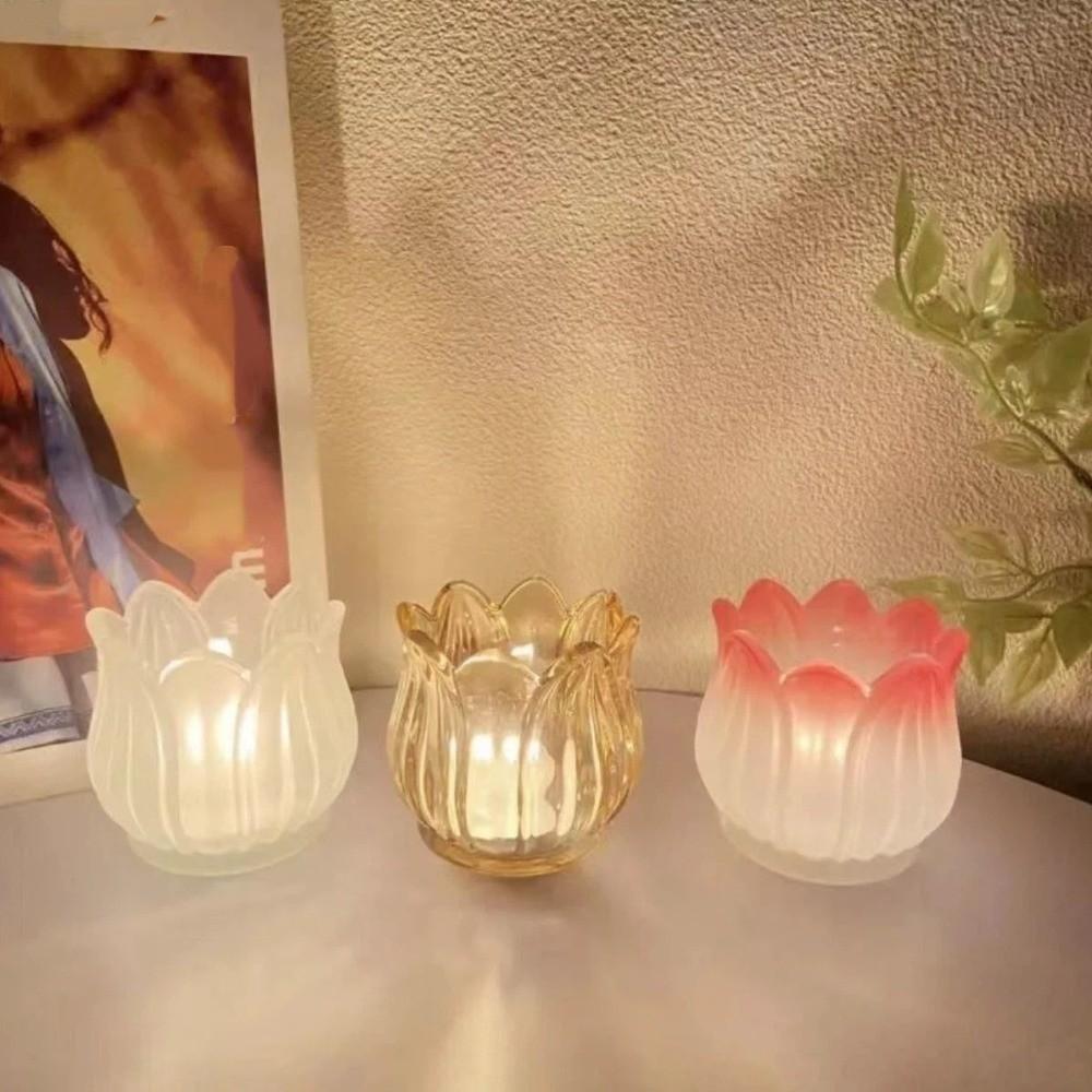 2PCS Elegant Vintage Tulip Shaped Candle Holder Romantic Clear Candle Cup Ornament Mini Candlestick Holder Wedding
