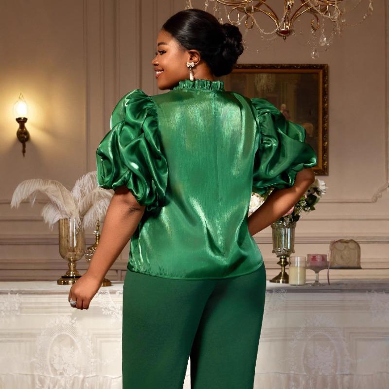 Plus Size Women S Dark Green Satin Long Sleeve Shirt Ruffled Stand Collar Puff Sleeve