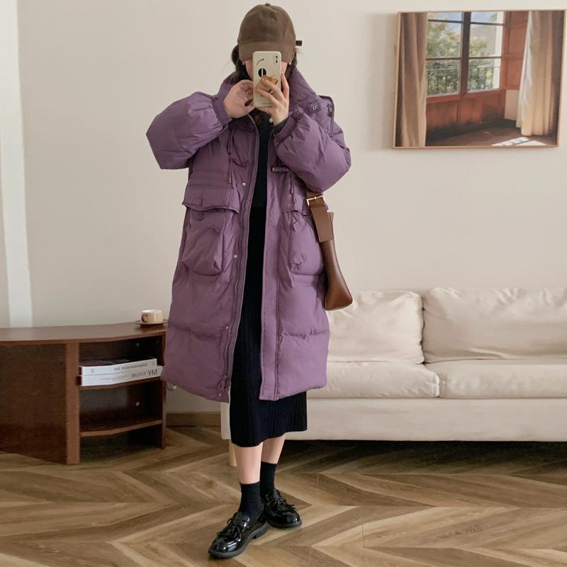 Women's Long Loose Light Down Jacket Autumn Winter Hooded Straight White Duck Down Coat Stand Collar Big Pocket Solid Color