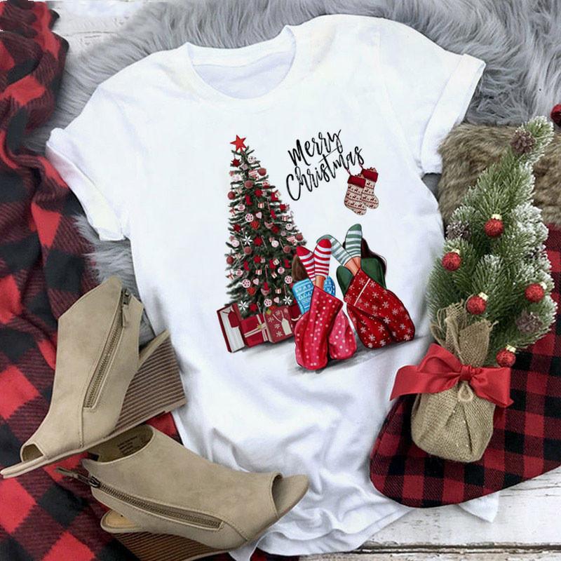 Kawaii Cartoon Merry Christmas Tree Graphics Women T-Shirts 90S Summer Short Sleeves Loose Round Neck Female Y2K Tops