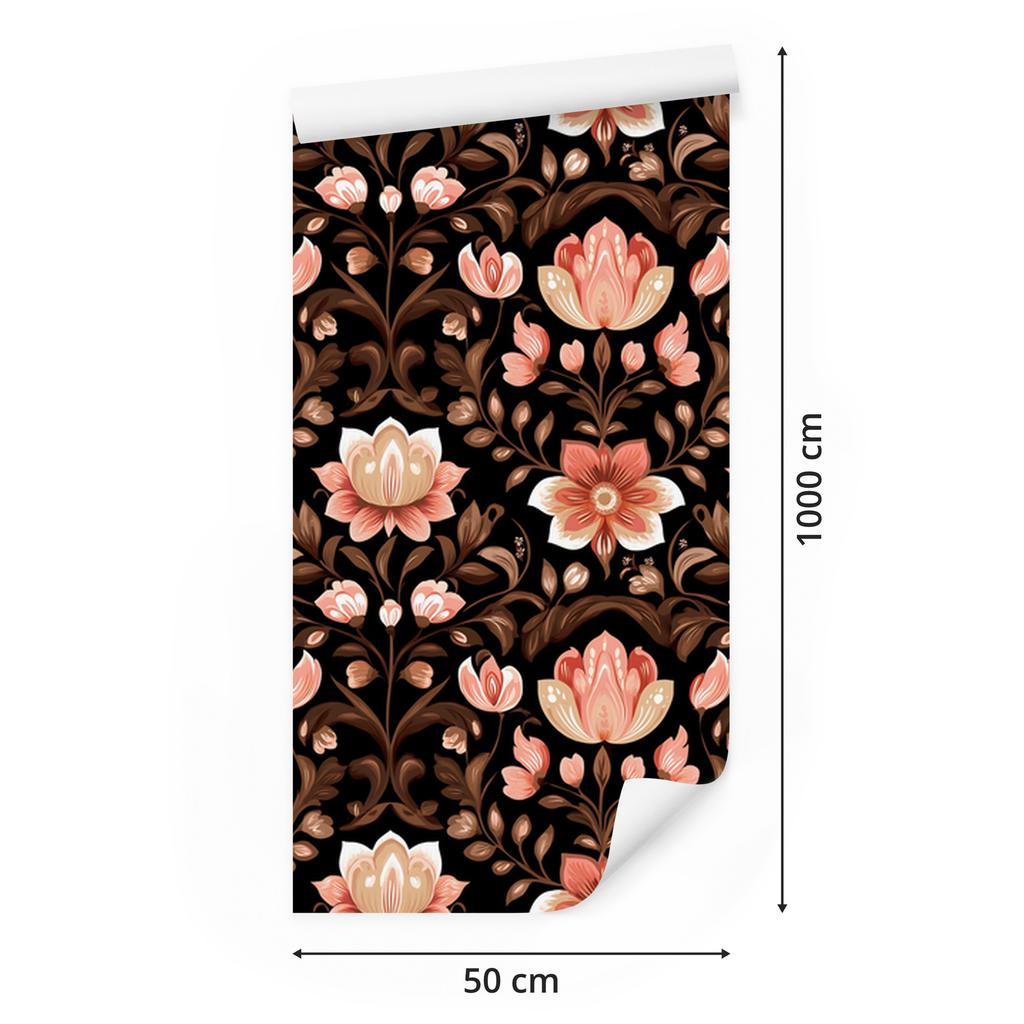 Wallpaper Beautiful Flowers Rust, Black and Orange for Living Room and Bedroom 50x1000