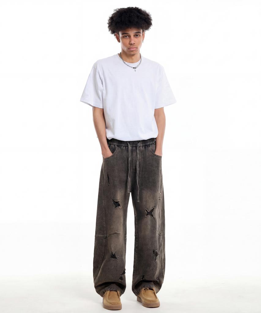 CREAM SODA LAB Distressed Wash Cut-Out Denim Pants Black