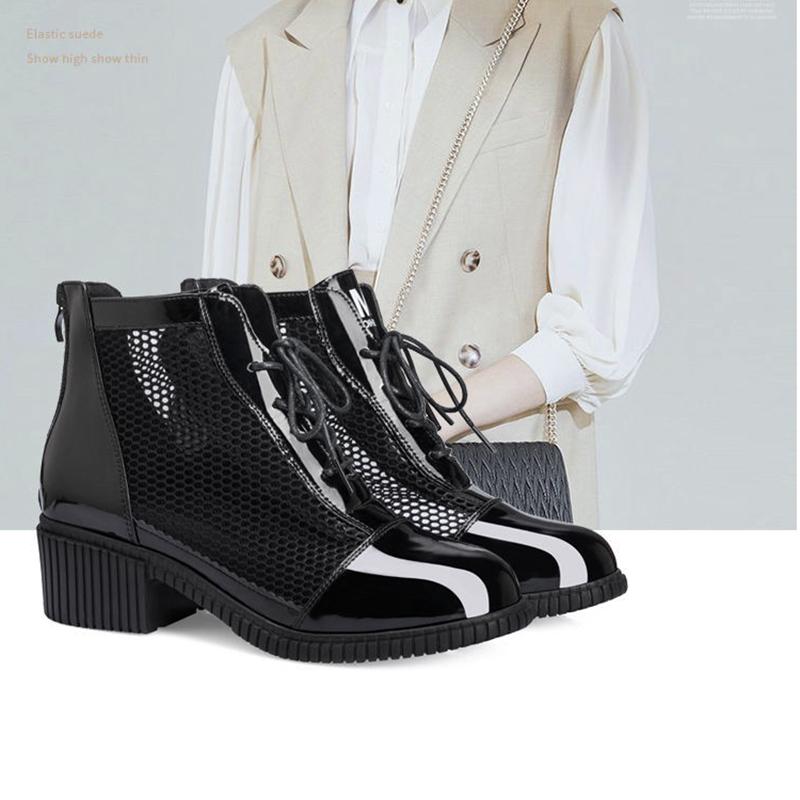 Черные сетчатые ботинки, женские ботинки на квадратном каблуке, кружевная молния сзади, искусственная кожа, мягкая кожа, новая мода, весна-осень