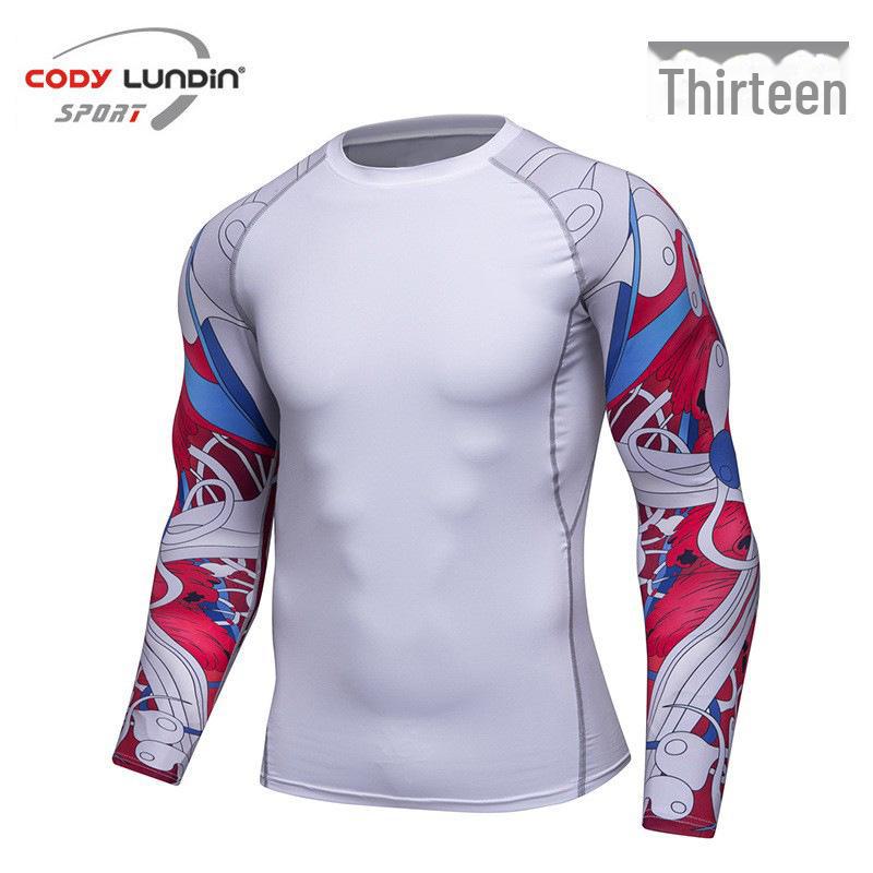 Мужская компрессионная футболка для бега с длинным рукавом и принтом, влагоотводящая, A038