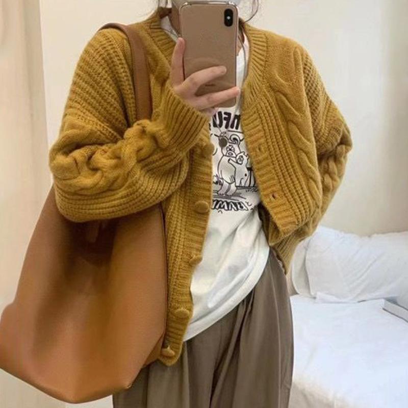Knitted Cardigan Women's Fall Simple Literary Thickened Sweater Coat Casual Loose Button Up Jacket Coat