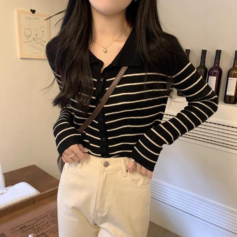 PO Neck Striped Sweater Early Spring New Women's Clothing Slim-fitting Base with Knitted Cardigan Jacket Top