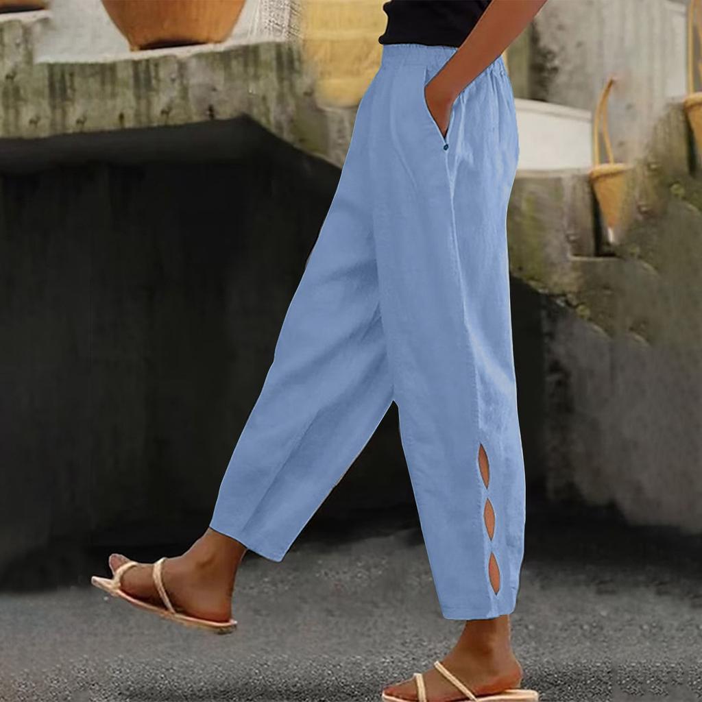 Женские модные хлопковые и льняные однотонные повседневные повседневные брюки с боковыми карманами и полыми пуговицами