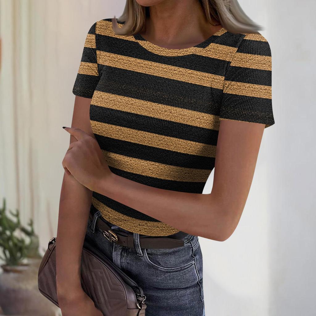 Women's Casual Fashion Round Neck Striped Print Short Sleeve Ribbed Top