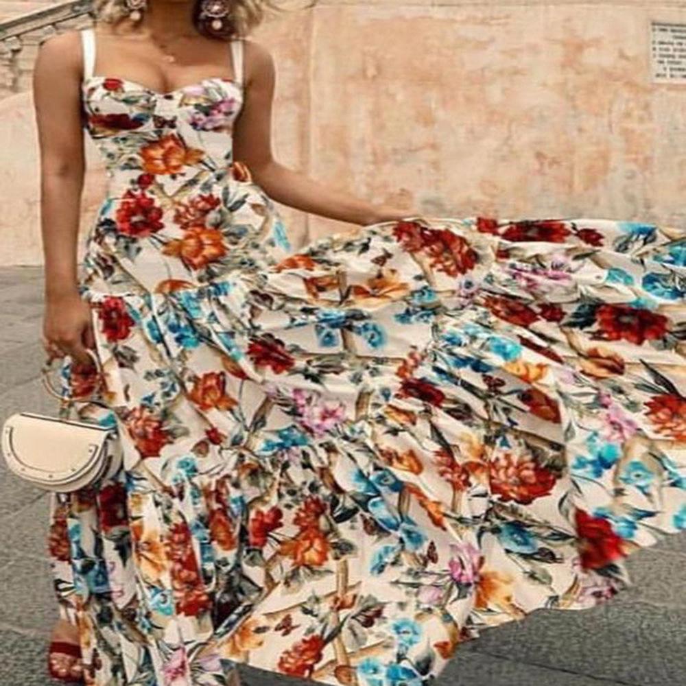 Летнее женское сексуальное платье без рукавов с принтом и длинными подтяжками 2025 года.