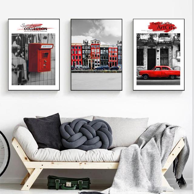 Картина на холсте в скандинавском стиле, Лондонская улица, черный, белый, красный, с изображением зонтика для гостиной, украшения стены дома, без рамки