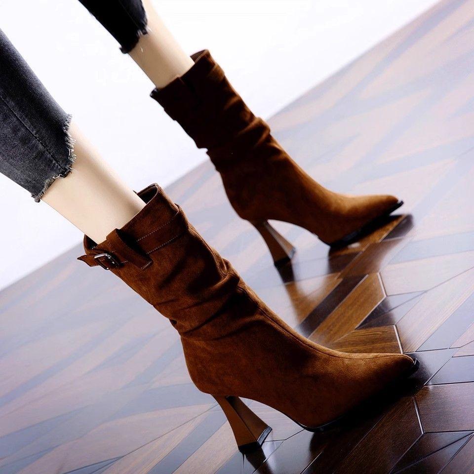 European and American Pointed High-heeled Boots for Women's 2025 Autumn and Winter New Half-boots, Explosive Belt Buckle Elastic Thick-heeled Me