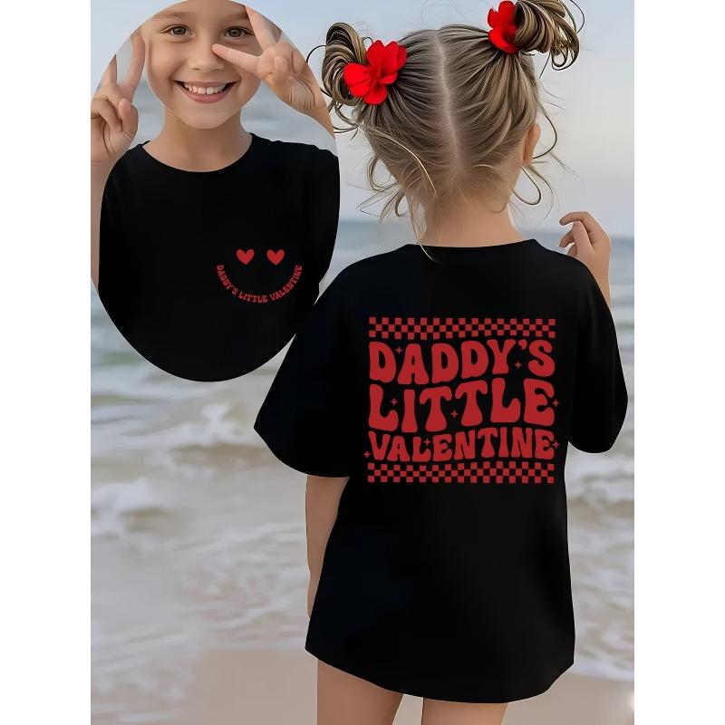 Европейские размеры Девочки Летняя Мода Футболка с коротким рукавом DADDYS LITTLE VALENTINE Клетчатый и Сердечно-глазый Мультяшный Принт Повседневная С круглым вырезом