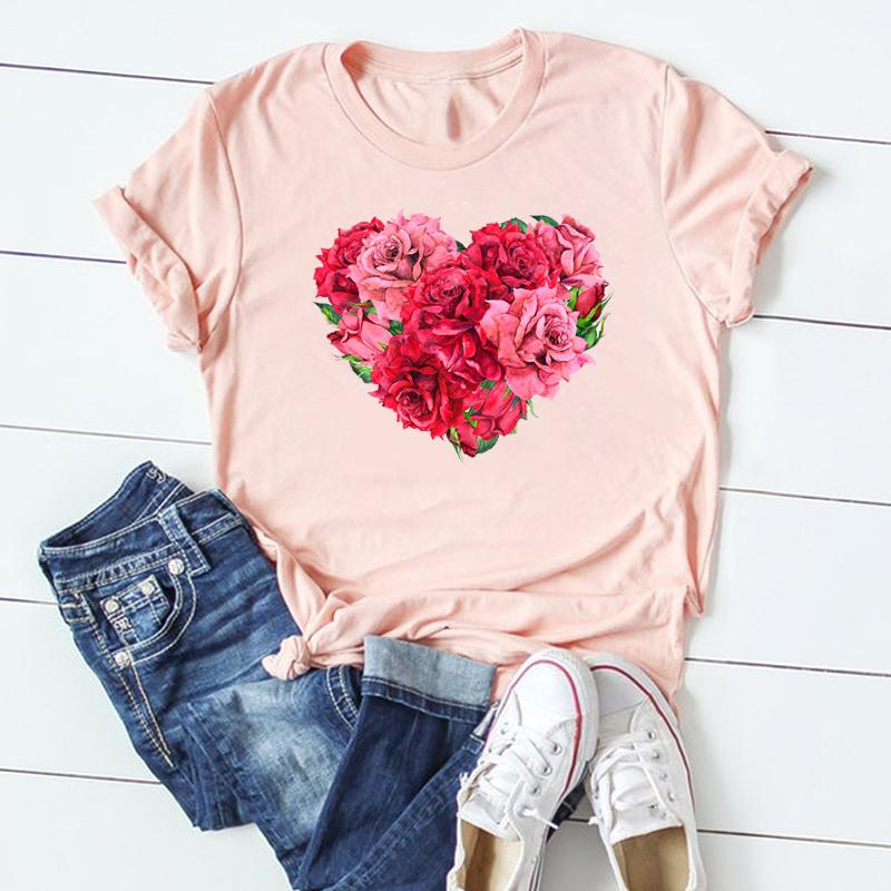 (Азиатский размер) Женская футболка с милым цветочным принтом и короткими рукавами, женская одежда, летняя модная повседневная футболка с графическим принтом